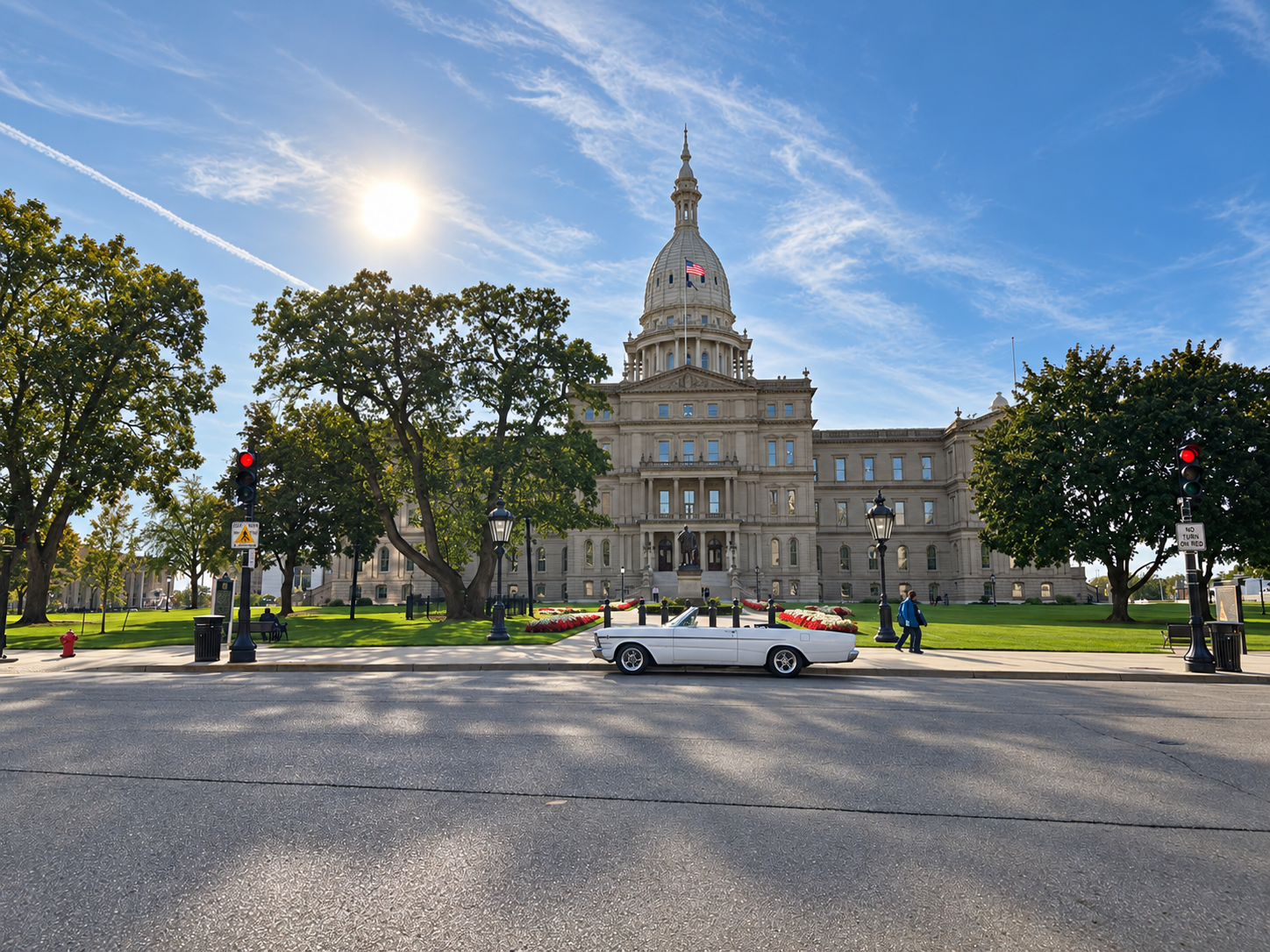 White 1966 Ford Galaxie in front of the Michigan State Capitol