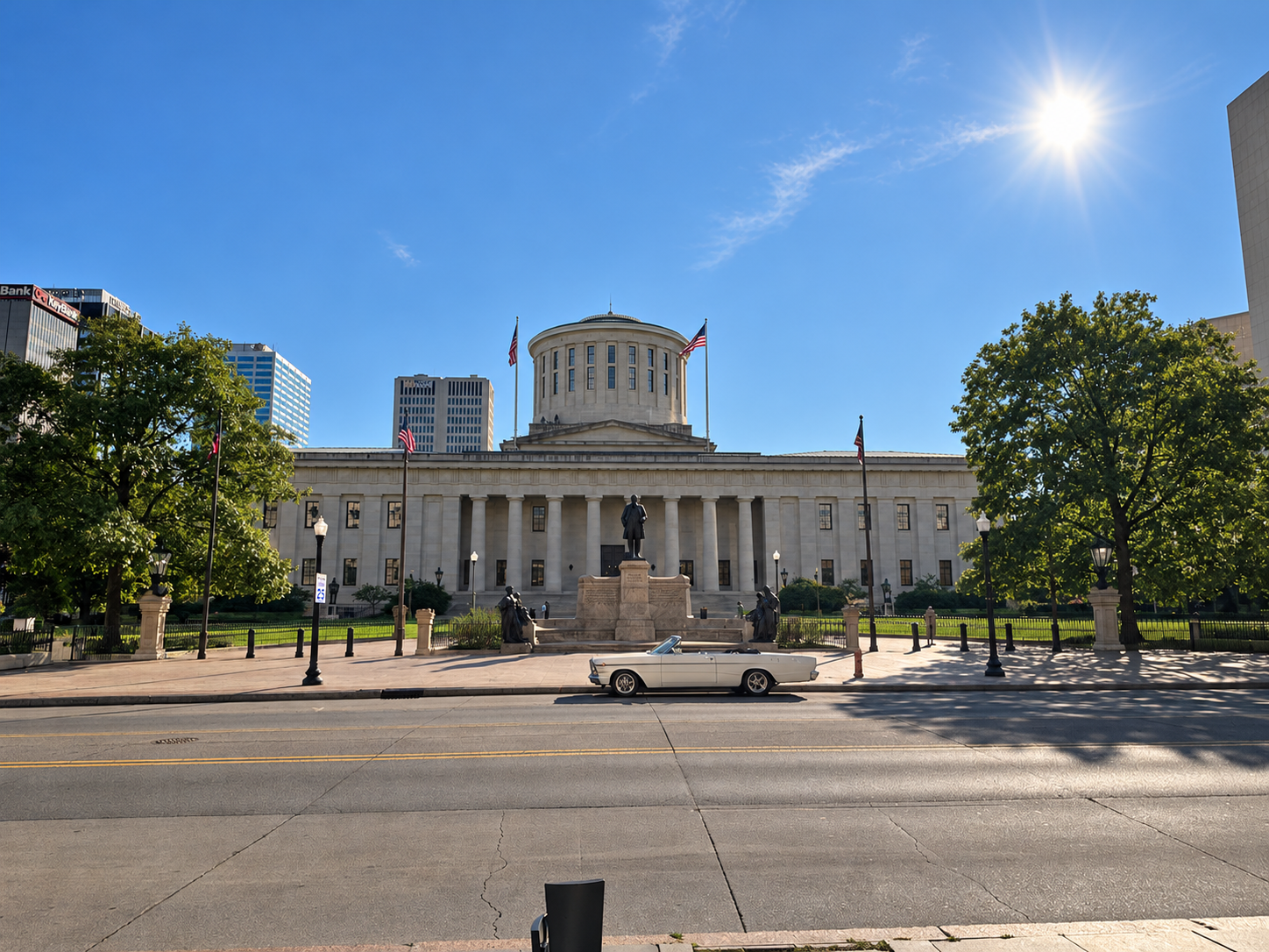 White 1966 Ford Galaxie in front of the Ohio Statehouse